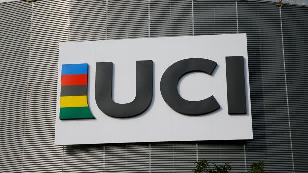 FILE PHOTO: A logo is pictured on the indoor track at the International Cycling Union (UCI) Federation headquarters in Aigle