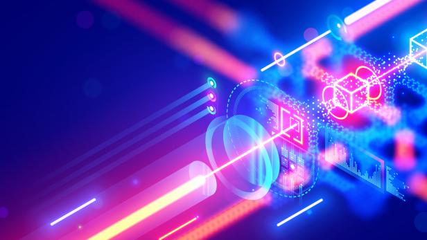 Quantum computing. Close up of optical cpu process light signal. Quantum computer of glowing qubits. Laser ray signal transmitting digital signal in chip or processor. Abstract technology background.