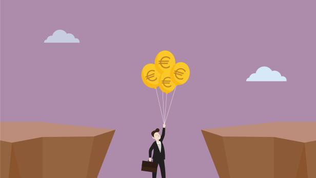 Businessman floating up in between a cliff by Euro currency symbol balloon