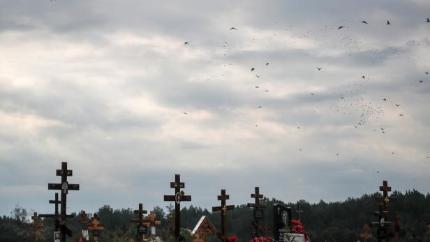 Birds fly above the special purpose section of a graveyard for the coronavirus disease victims in Saint Petersburg