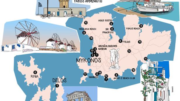 Eine illustrierte Karte der griechischen Insel Mykonos mit Sehenswürdigkeiten wie Windmühlen und dem Leuchtturm Armenistis.