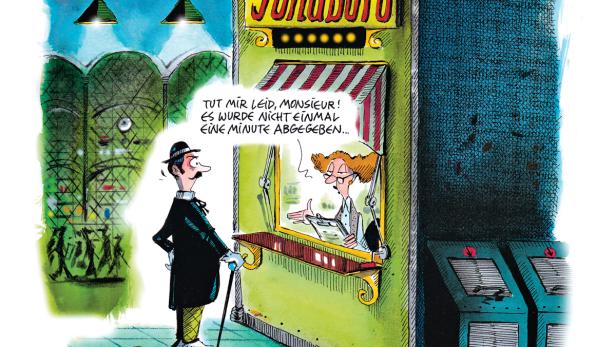 Karikatur von Marcel Proust, der in einem Fundbüro nach der verlorenen Zeit sucht.