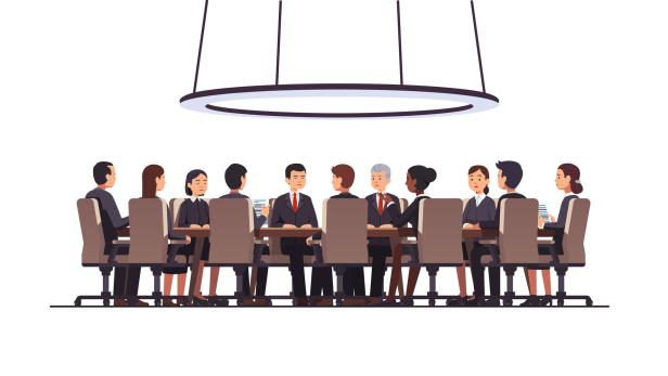 Corporate business man & women people group sitting at big round table. Government politicians & executive officers or directors board discussing strategy. Conference, boardroom or meeting room. Flat style isolated vector