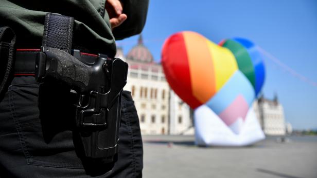 NGOs fly huge rainbow balloon at Hungary's parliament protesting against anti-LGBT law in Budapest