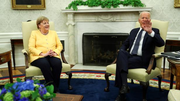 U.S. President Joe Biden holds a bilateral meeting with German Chancellor Angela Merkel in the Oval Office at the White House