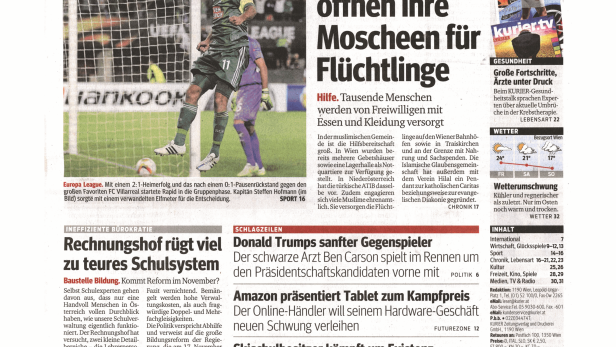 Schlagzeile vom 18.09.2015Muslime öffnen ihre Moscheen für FlüchtlingeKurier