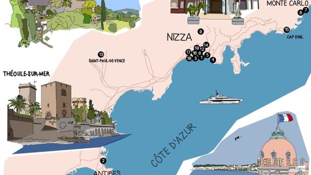 Eine illustrierte Karte der Côte d'Azur mit Sehenswürdigkeiten wie Nizza, Cannes und Monaco.