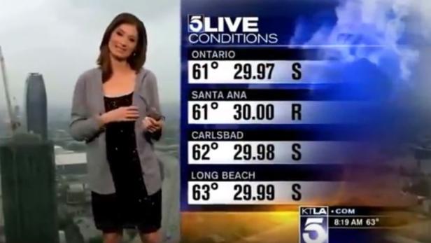 Eine Wettermoderatorin präsentiert die aktuellen Wetterbedingungen für verschiedene Städte.