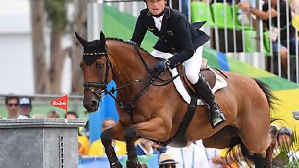 Ein Reiter auf einem braunen Pferd springt über ein Hindernis bei einem Reitturnier.