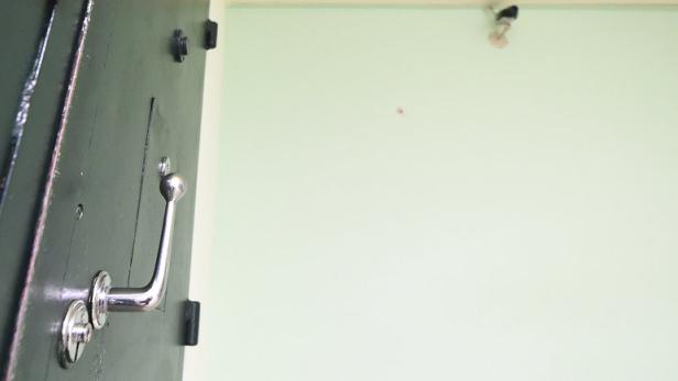 Eine teilweise geöffnete grüne Tür mit einem silbernen Griff vor einer hellgrünen Wand.