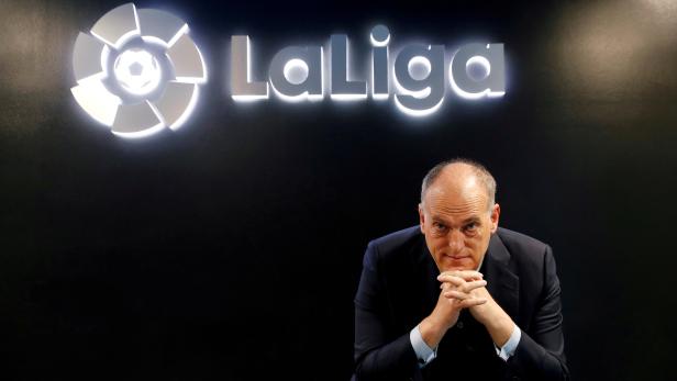 FILE PHOTO: La Liga President Javier Tebas poses before an online interview with Reuters at the La Liga headquarters in Madrid