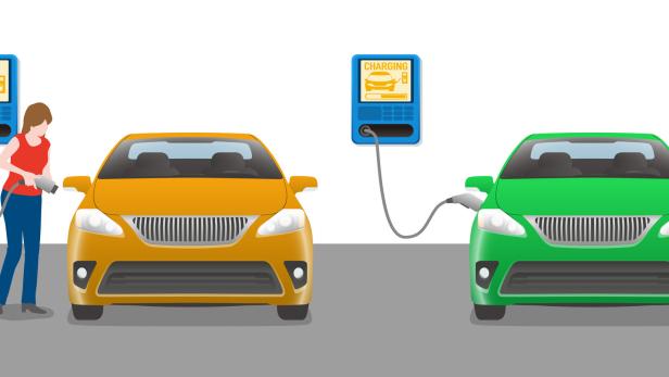woman charging power to vehicle from wallbox charging station. woman charging power to vehicle from wallbox charging station.