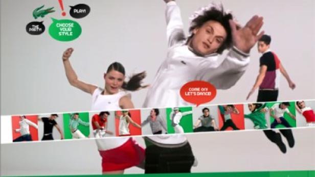 Mehrere Personen tanzen in Lacoste-Kleidung vor einem hellen Hintergrund.