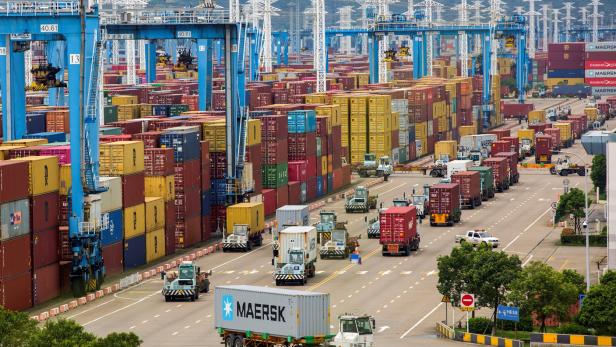 Lines of trucks are seen at a container terminal of Ningbo Zhoushan port