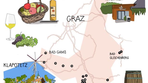 Eine illustrierte Karte der Steiermark mit Sehenswürdigkeiten wie Graz, Klapotetz und Wilhelm Spezialitäten.