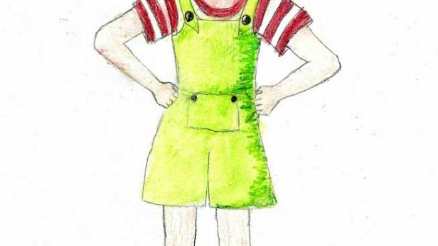 Eine verärgerte Elfe mit Flügeln, grünem Overall und unterschiedlichen Socken steht da.