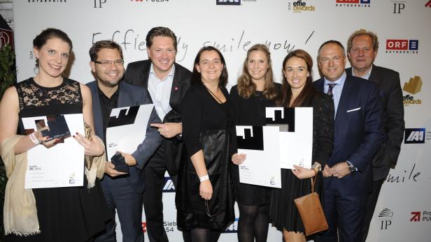 Eine Gruppe von Personen posiert mit „Platin Effie 2013“-Auszeichnungen vor einer Wand mit Logos.