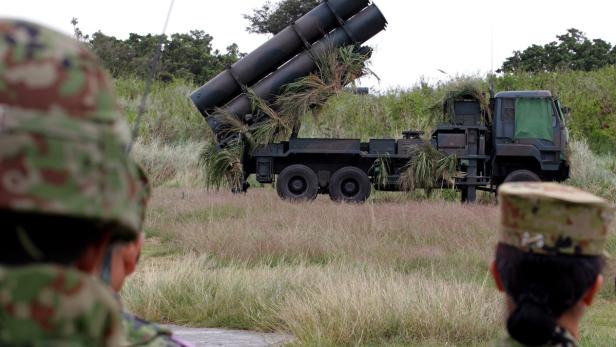 Ein militärischer Raketenwerfer ist mit Tarnmaterial auf einem Feld getarnt.