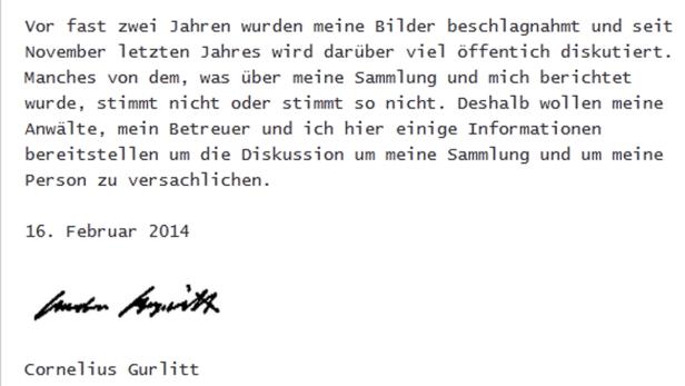 Ein Schreiben von Cornelius Gurlitt vom 16. Februar 2014 bezüglich seiner beschlagnahmten Bilder.