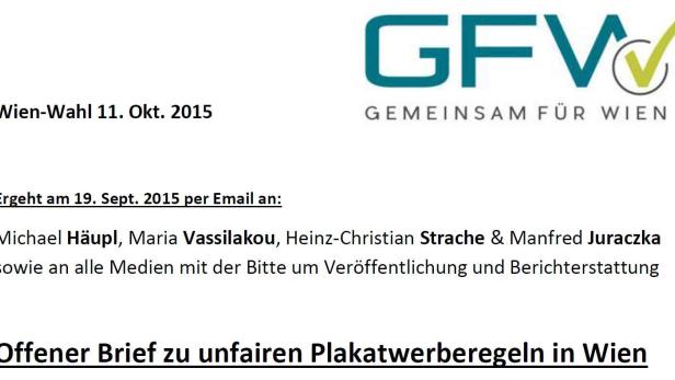 Einladung zur Wien-Wahl 2015 von GFW mit Nennung von Michael Häupl und Heinz-Christian Strache.