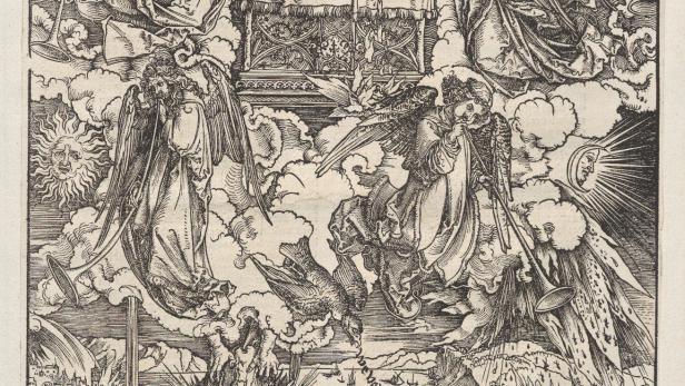 Ein Holzschnitt von Albrecht Dürer zeigt die Apokalypse mit Engeln, Posaunen und göttlichen Figuren.