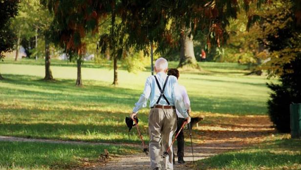Zwei ältere Menschen gehen mit Wanderstöcken durch einen Park.