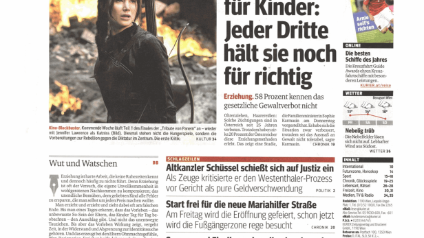 Titelseite des Kurier vom 14. November 2014 mit Jennifer Lawrence als Katniss Everdeen.