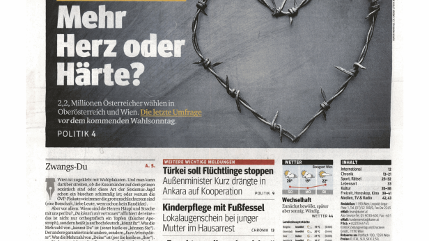 Titelseite des Kurier am Sonntag mit einem Artikel über Flüchtlingspolitik und einem Foto von Conchita Wurst und Andreas Gabalier.
