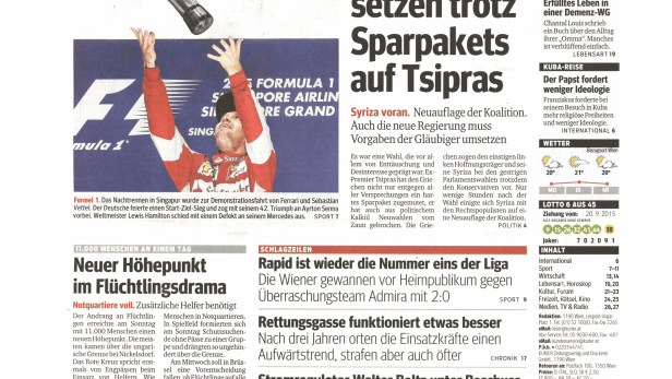 Schlagzeile vom 21.09.2015Griechen setzen trotz Sparpaket auf TsiprasKurier