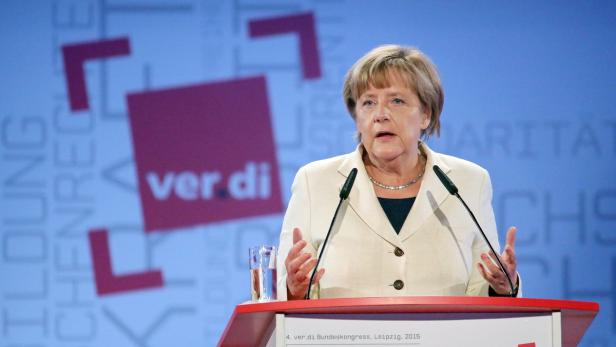 Angela Merkel spricht auf dem 4. ver.di Bundeskongress in Leipzig, 2015.