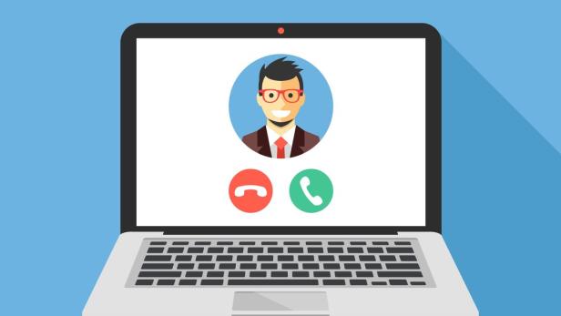 Video call on laptop screen. Laptop with incoming call, man profile picture and accept decline buttons. Modern flat design vector illustration