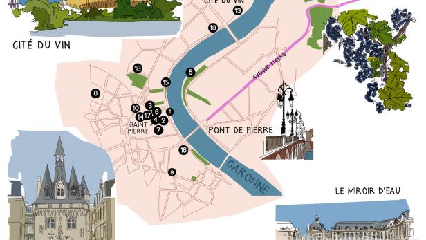 Eine illustrierte Karte von Bordeaux mit Sehenswürdigkeiten wie Cité du Vin und Porte Cailhau.