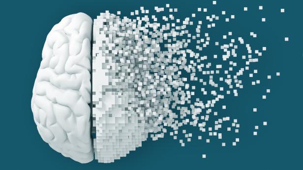 Desintegration Of Digital Brain On Blue Background Desintegration Of Digital Brain On Blue Background
