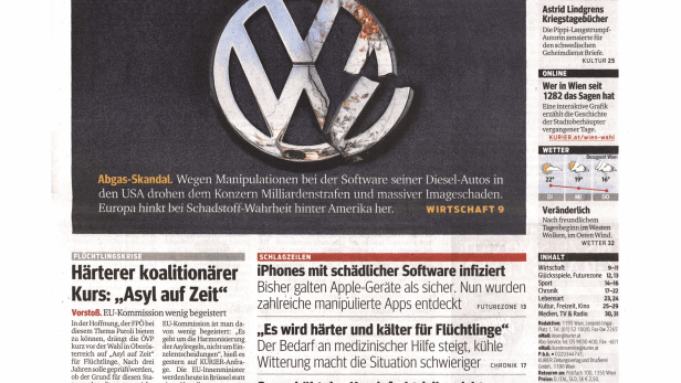 Das Logo von Volkswagen ist beschädigt und zeigt den Abgasskandal an.