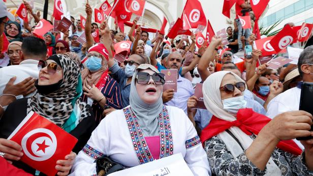 Demonstrators protest against Tunisian President Kais Saied's seizure of governing powers, in Tunis
