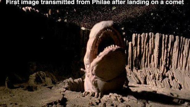 Ein Sandwurm aus dem Film „Dune“ auf einer felsigen Oberfläche.