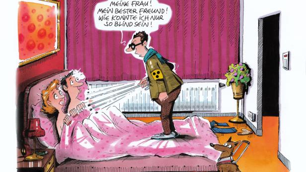Karikatur: Ein blinder Mann betritt ein Schlafzimmer und entdeckt seine Frau mit einem anderen Mann im Bett.