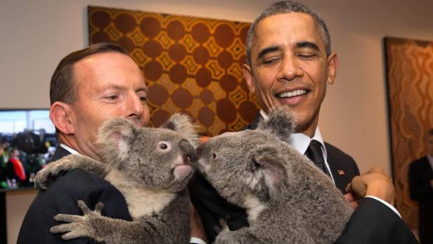 Barack Obama und Tony Abbott halten jeweils einen Koala im Arm.