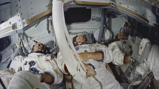 The crew of the Apollo 13 spacecraft, April 1970. Left to right: Command Module Pilot John L. Swigert, Commander James A. Lovell, Jr. and Lunar Module Pilot Fred W. Haise, Jr. (Photo by Space Frontiers/Getty Images)