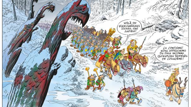 Die Römer plagen sich durch Eis und Schnee in ein fiktives Königreich. Dort gibt es Streit – mit den Galliern