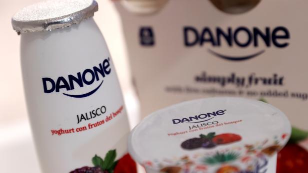 FILE PHOTO: Danone products displayed before the French food group's 2019 annual results presentation in Paris