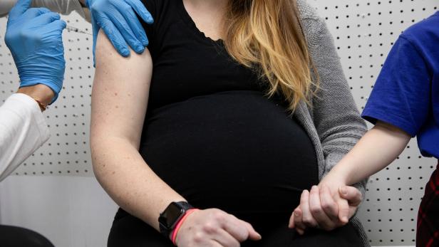 Pregnant women receive the COVID-19 vaccine in Schwenksville, Pennsylvania