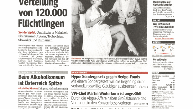 Titelseite der österreichischen Tageszeitung Kurier vom 23. September 2015.