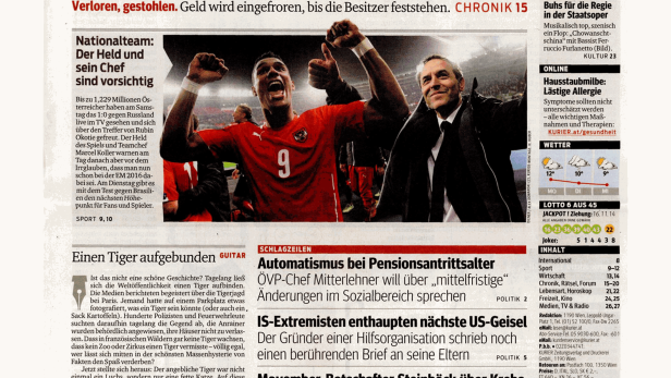 Titelseite der Zeitung Kurier vom 17. November 2014 mit verschiedenen Artikeln und Anzeigen.
