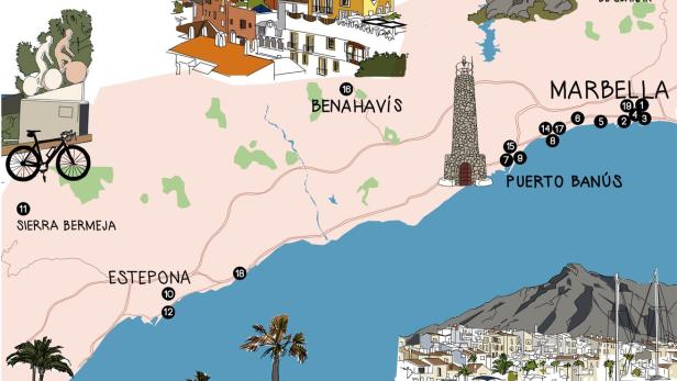 Eine illustrierte Karte der Küstenregion um Marbella und Estepona in Spanien.