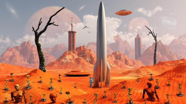 A 1950s style scene showing a rocketship from Earth on the surface of a Red Planet that could be Mars. --- Image by © Mark Stevenson/Stocktrek Images/Corbis