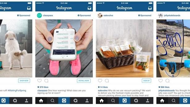 Eine Collage von vier Instagram-Werbeanzeigen für Classpass, Eatevolve und Jelly Skateboards.