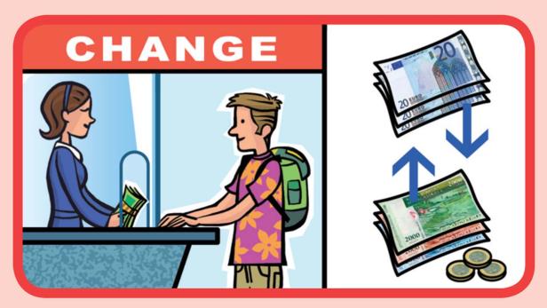 Ein Reisender wechselt Geld in einer Wechselstube.