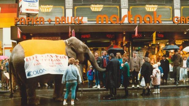 1984 nutzten die Kaufleute der Neubaugasse einen Elefanten als lebende Werbetafel.