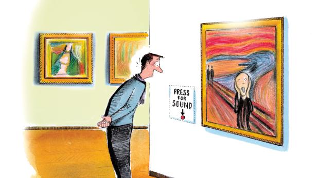 Ein Mann betrachtet „Der Schrei“ in einem Museum, daneben ein Schild mit der Aufschrift „Drücken für Ton“.